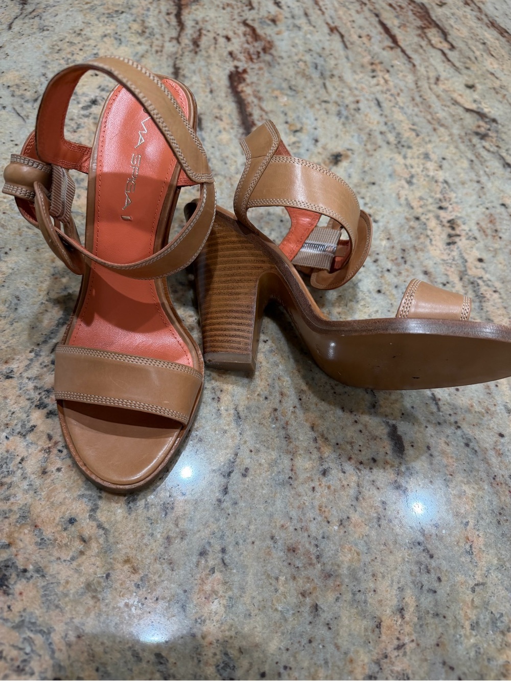 Via Spiga Tan Strappy Block Heel Sandals - Size 7
